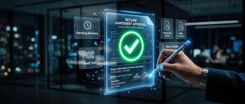Digital document signing event modern office interactive content corporate environment close-up viewpoint secure agreement processing for enhanced workflow efficiency