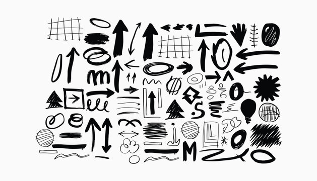 Black and white hand drawn arrows shapes and symbols vector illustration isolated on white background
