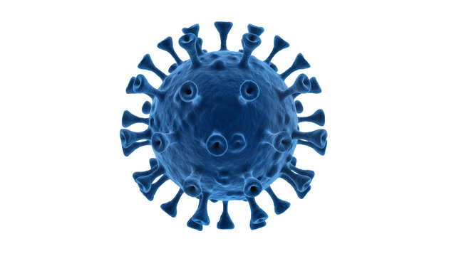 Blue virus particle with spikes, isolated on transparent background