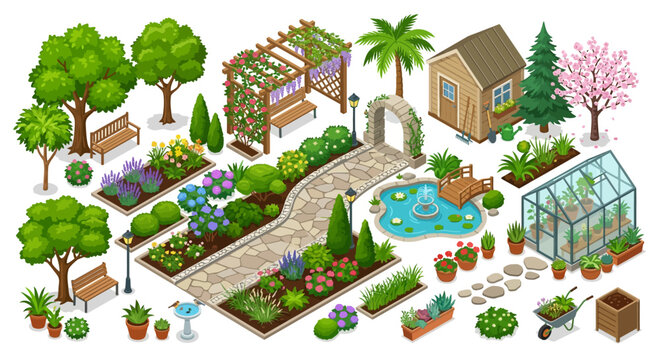 isometric garden landscape with trees pond and greenhouse