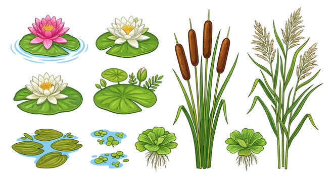 Water lilies cattails and reeds illustration on a white background