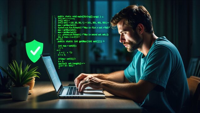 Cybersecurity protection concept with secure shield icon over laptop and source code. Data security, encryption, privacy protection and network defense for safe digital technology and IT systems.