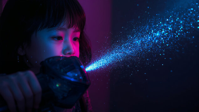 ネオン調の暗い部屋で星を吸い取り光に変える子供のシネマ風景