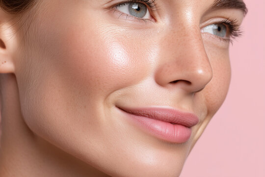 Radiant close up of cheek skin texture with visible pores and soft glow, natural freckle detail, smooth complexion and subtle makeup conveying healthy youthful confidence