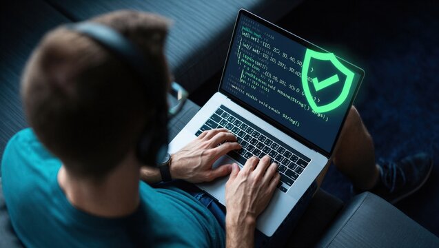 Cybersecurity protection concept with secure shield icon over laptop and source code. Data security, encryption, privacy protection and network defense for safe digital technology and IT systems.