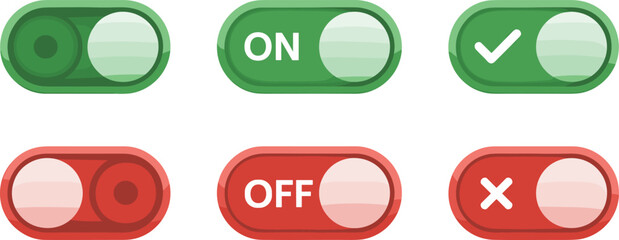Fototapeta premium Modern Glossy On and Off Toggle Switch Button Icon Set with Green and Red Interface Elements for Mobile Apps Web Design and Digital UI UX Components