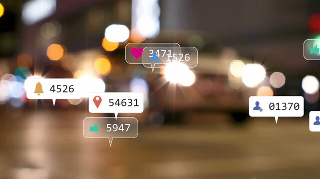 Social badges growing on walkers entering frame, drifting and fading, showing engagement rise