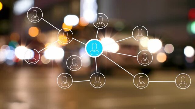 Headlight aligning blue node pulsing sending lines icons ear?person collapsing visualizing network