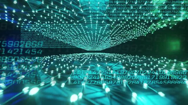 Forward zoom starting node grid, mirrored dome moving inward while codes rising, showing data flow