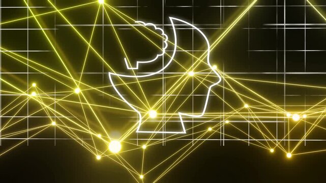 White neon head outline forming as starting stroke tracing profile, pulsing nodes showing AI brain