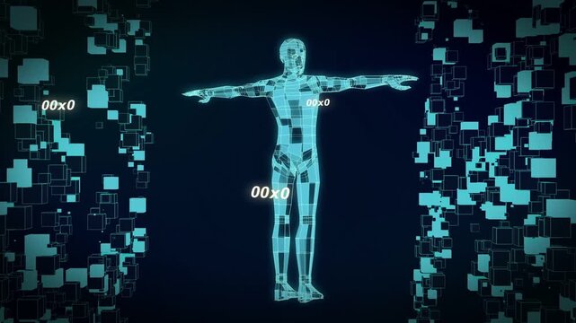 Holographic humanoid model responding to data burst, lowering arms and rotating right for scan sync