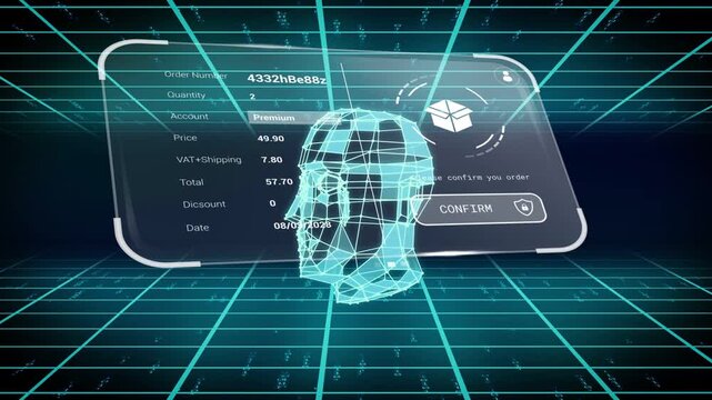 On scene load holographic wireframe head rotating and tilting before confirm UI to inspect order