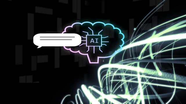 Neon brain icon forming from stroke, receiving pale green ribbons flowing in to feed AI thumbnails