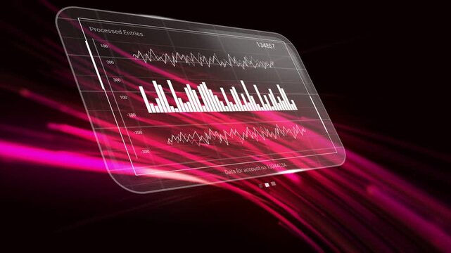 HUD appearing, glass panel populating charts, magenta ribbons sweeping, showing Processed Entries