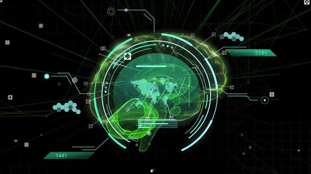 System booting holo HUD rotating rings flowing neural waves peaking graph showing neural data