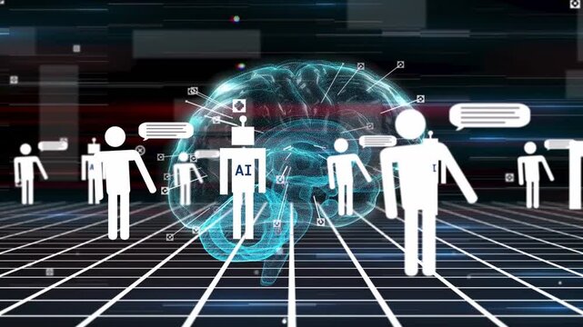 Holographic cyan brain sending pins, drawing human and AI figures advancing to get data