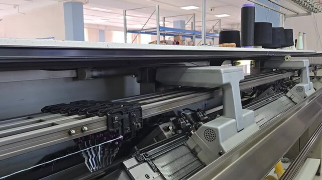 Automatic knitting machine in operation in knitwear workshop at factory