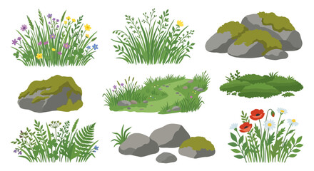 Floral and rocky landscape elements vector illustration on white background © Sumon