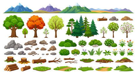 forest elements set with trees rocks and grass vector illustration © Sumon