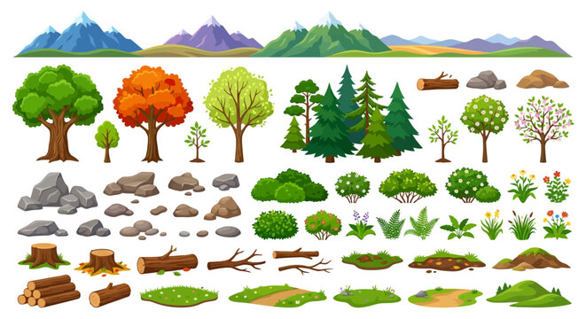 forest elements set with trees rocks and grass vector illustration