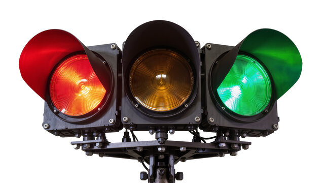 Three-light traffic signal with red yellow and green lights illuminated, isolated on transparent background