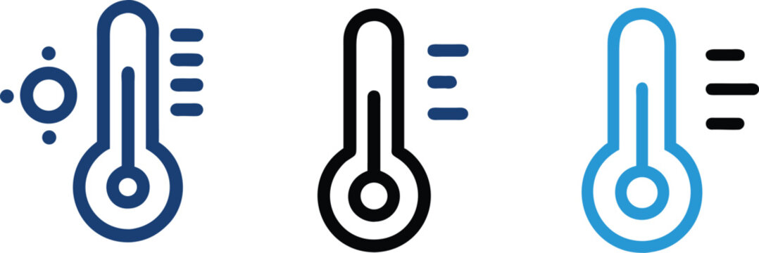 Thermometer icon set with various designs representing temperature measurement climate control weather forecast heat index thermal sensors and global warming themes.