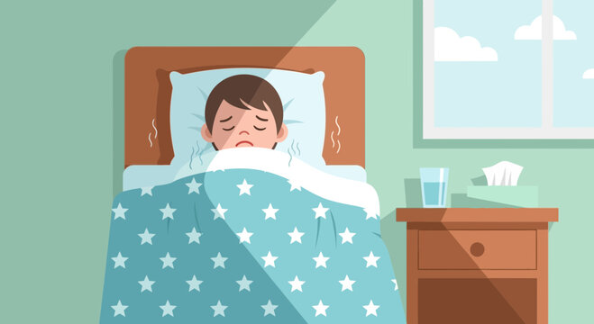 A Sick Child In Bed With A Blanket, Fever Symptoms, And Rest Time Cartoon Style Illustration