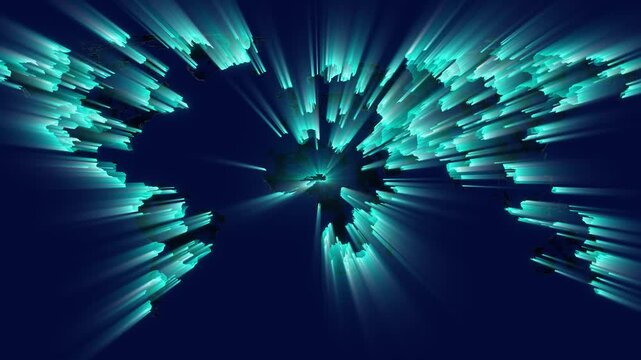 World map animation with turquoise light beams. World map global network connectivity. World map technology communication graphic on black background.