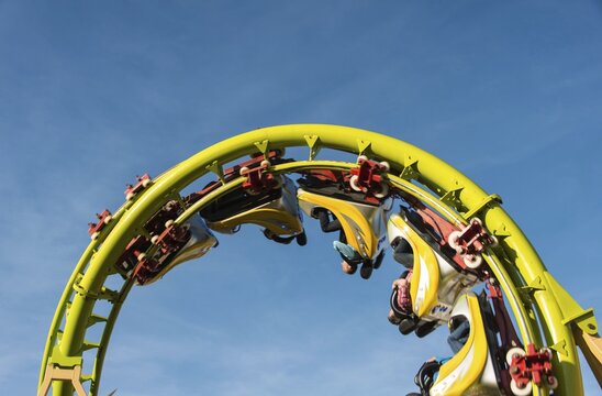 Cars of a roller coaster in a looping, Oktoberfest, Munich, Upper Bavaria, Bavaria, Germany