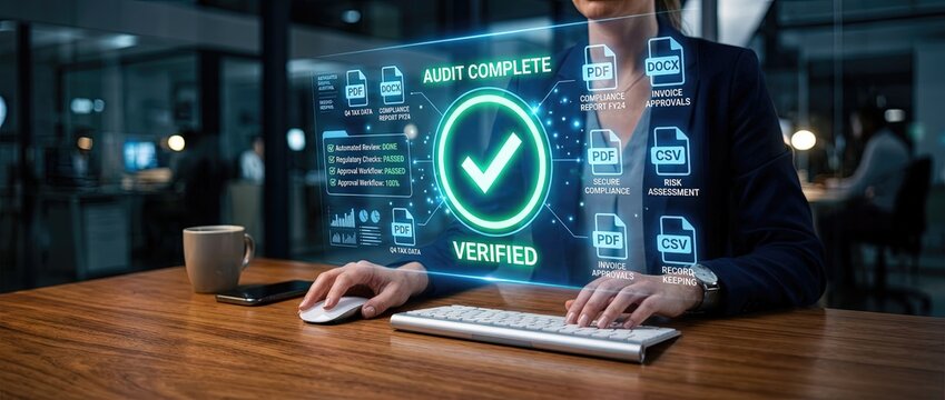Digital audit process and verification office setting business image modern workspace professional viewpoint efficiency and accuracy in document management
