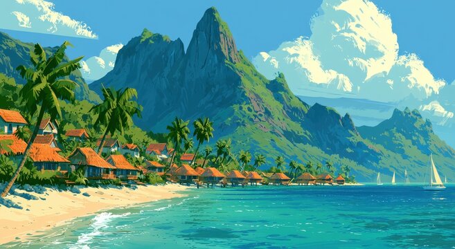 Tropical island landscape with overwater bungalows and palm trees under a bright blue sky with white clouds in a stylized digital painting art style for travel