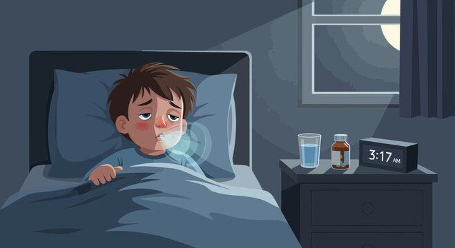 A Sick Child In Bed With Flu Symptoms Feeling Uncomfortable During The Night