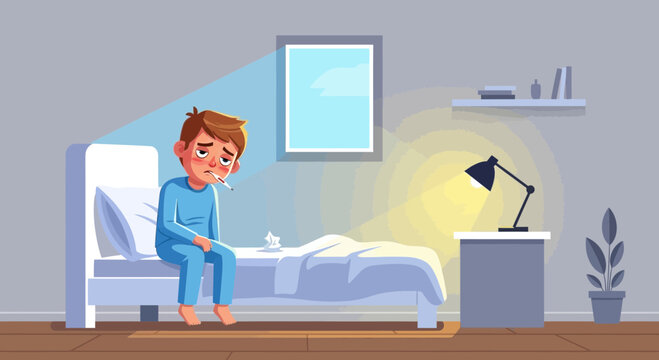 A Sick Child In Bed With Flu Symptoms and A Thermometer in A Bedroom Illustration