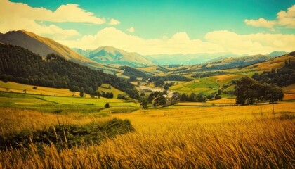 Obraz premium Golden Wheat Field Valley Landscape with Rolling Hills and Blue Sky.