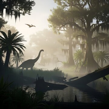 Majestic Brachiosaurus Dinosaur in a Prehistoric Misty Swamp Landscape.