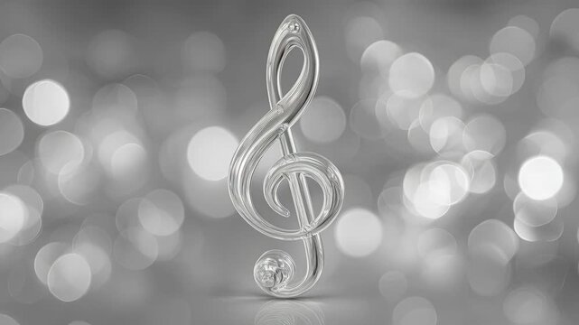 Elegant Silver Treble Clef Icon Illuminated Against Shimmering Bokeh Background with Soft Glimmering Circles