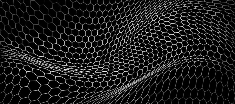 Geometric wavy hexagon mesh pattern featuring abstract honeycomb grid lines, clean bee‑comb vector texture and flat modern illustration for packaging, wallpapers, branding and graphic layouts