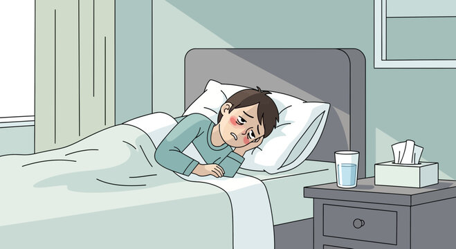 A Sick Child Inside The Bed Suffering From Illness In The Bedroom At Home