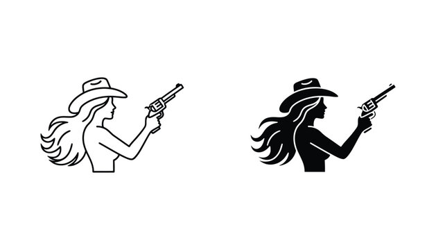 Armed cowgirl icon in outline and solid black style holding revolver for western theme design elements