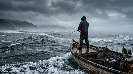 Obraz premium Fisherman casting line from boat in heavy seas under stormy sky