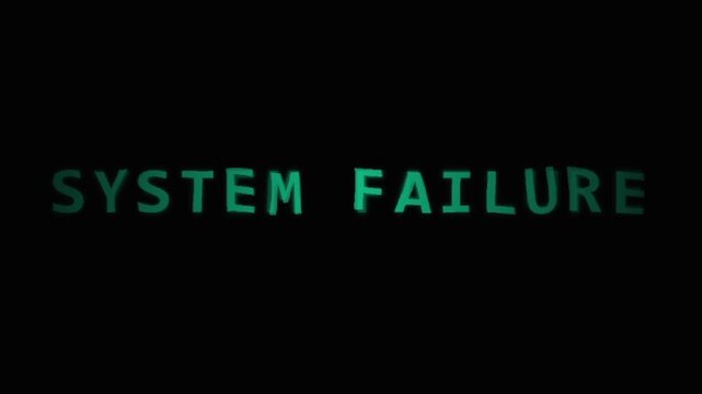 System failure glitch text on black background, digital error message with flickering effect, broken computer interface warning