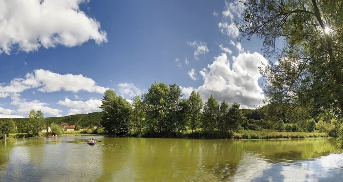 Landscape photo of the Altmuehl River near the Hammermuehle or hammer mill near Solnhofen in the Altmuehltal Nature Park, Bavaria, Germany, Europe