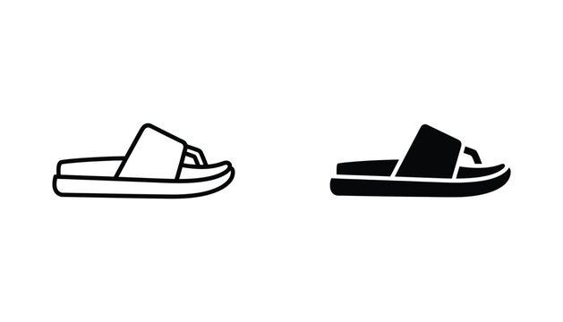 Flip flop sandal icon set in outline and solid black style for summer beach footwear design
