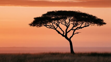 Obraz premium Lone Acacia Tree Silhouetted Against a Beautiful, Warm African Sunset Over the Serene Savanna Landscape