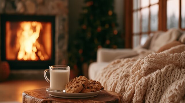 Warm winter evening ambiance with delicious cookies, fresh milk, glowing fireplace, and holiday decorations.