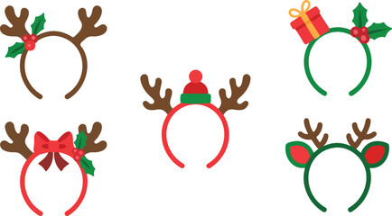 Christmas reindeer headband vector set with antlers holly leaves gifts and bows isolated on white background for holiday parties. © Mehg