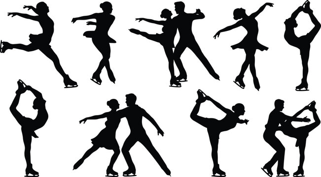 Figure skating silhouettes of solo and pair skaters performing spins, lifts, arabesques, dynamic ice dance vector illustration design