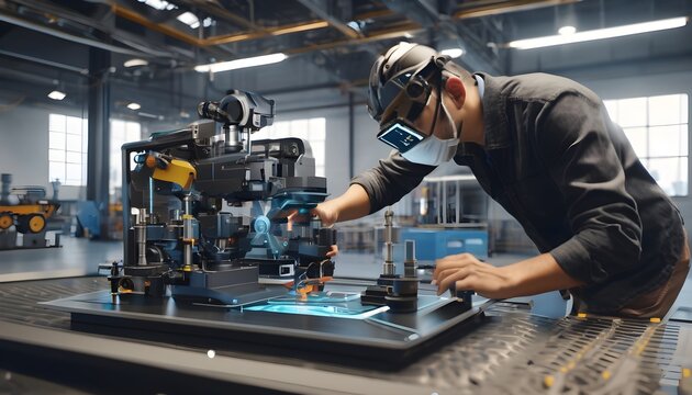Person using augmented reality glasses to assemble a complex machine, industrial setting