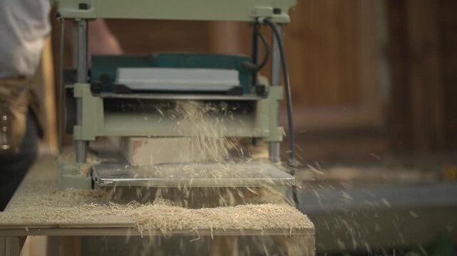 Wooden board. Planer. Hand. Slow motion video. High quality FullHD footage