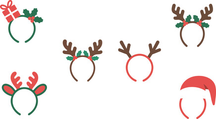 Christmas reindeer headband vector set with antlers holly leaves gifts and bows isolated on white background for holiday parties. © Mehg